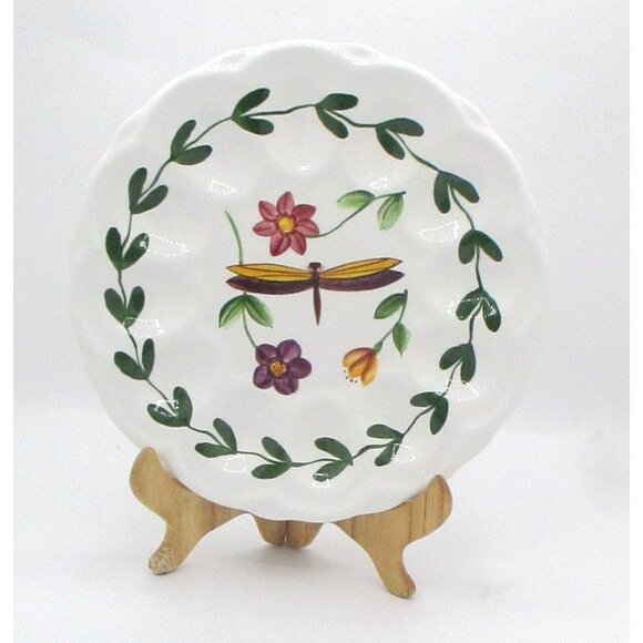 Hand-Painted Pacific Rim Ceramic Egg Plate Dragonfly Floral Design 9" Scalloped - Picture 1 of 5